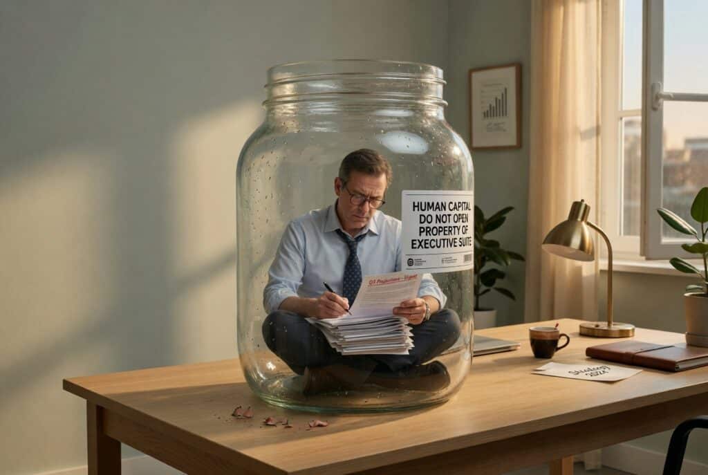 Cinematic photograph of a person inside a glass jar, focused intently on what's in front of them, unable to see the label affixed to the outside — visual metaphor for the cognitive blind spot business owners face when they refuse outside advice.
